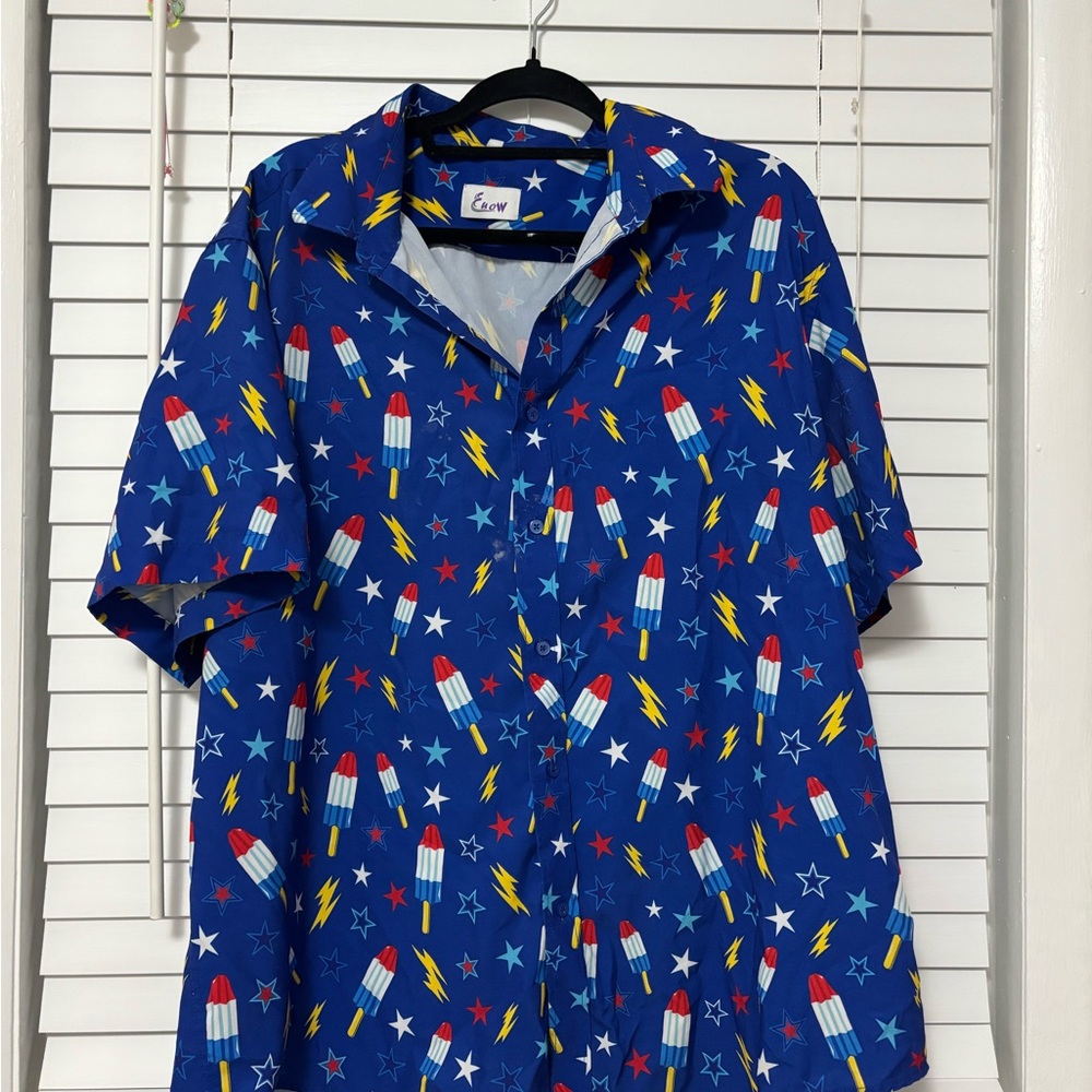 Blue Shirt with Rocket and Star Print